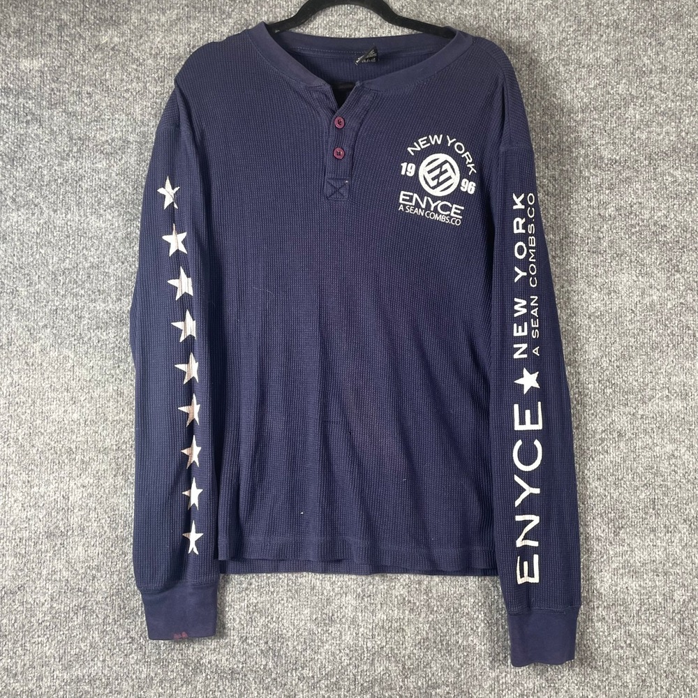 VTG Enyce Shirt Mens XL Navy Blue Thermal Y2K Sean Combs Waffle Knit Y2K Hip Hop